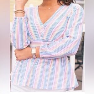 J. Crew Rainbow Stripe Seersucker V-neck Peplum Top Size 4